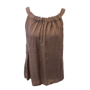 Nicole Miller New York Womens L Brown 100% Linen Gathered Neck Tank Breezy